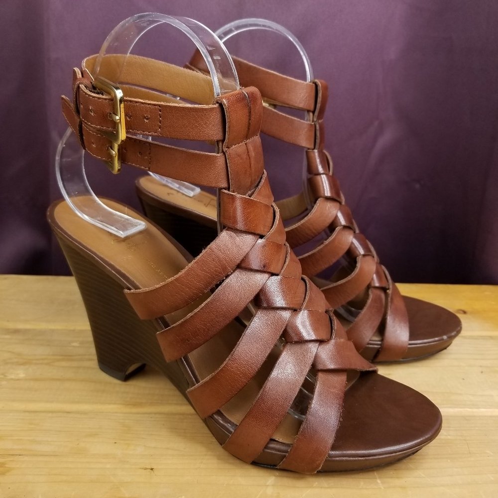 Franco Sarto Artists Collection A-Nikita Womens 8M Brown Leather Gladiator Wedge